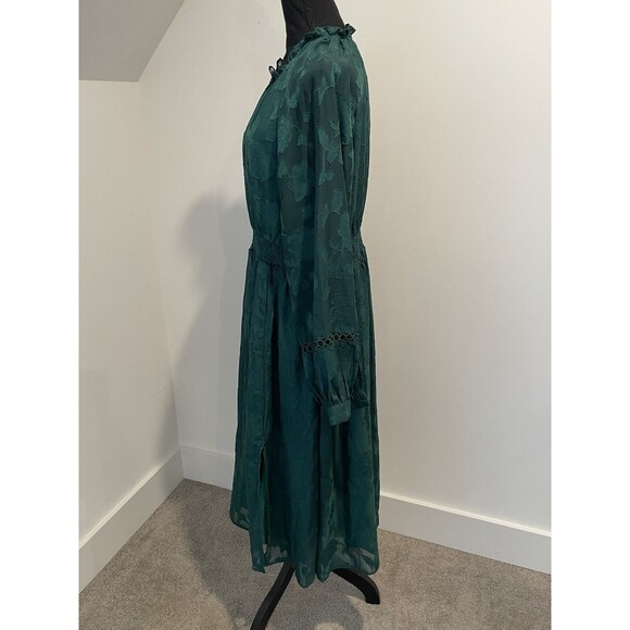 Emerald Green Floral Burnout Midi Dress Long Sleeve Smocked Waist - Picture 2 of 6